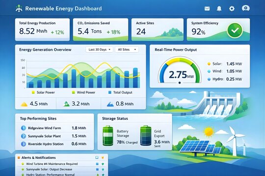 Renewable energy dashboard with solar wind hydro power analytics and real time monitoring system