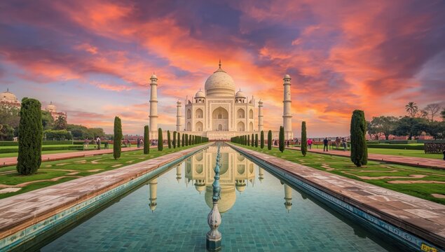 Breathtaking view of the taj mahal at dusk, with colorful clouds and serene water reflection