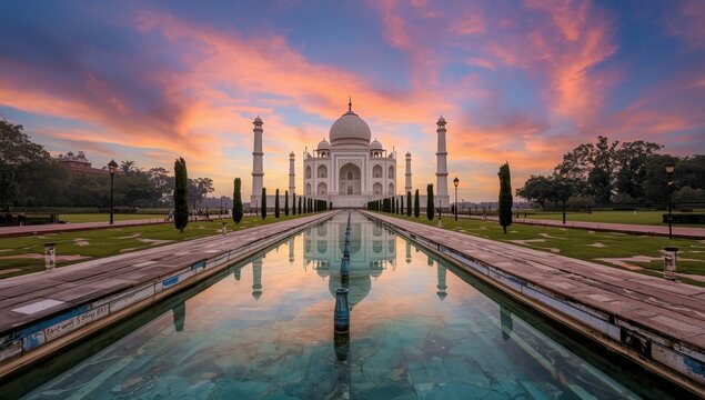 The iconic taj mahal at sunset, with its stunning reflection in the tranquil water channel, agra, india