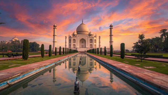 Stunning view of the taj mahal at sunset with colorful sky and its reflection in the water