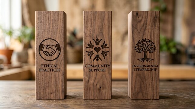 Three wooden blocks stand proudly on a desk, each engraved with symbols representing ethical practices, community support, and environmental stewardship values.