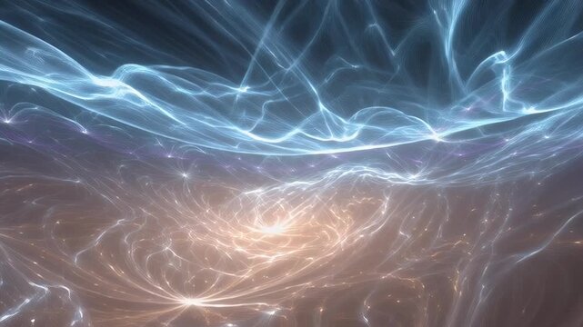 Abstract flowing energy swirls in cool blue and warm peach tones creating a dynamic futuristic background perfect for technology innovation and digital art projects