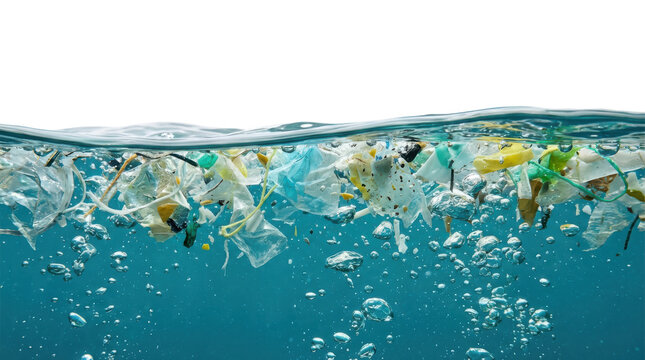 A dense accumulation of various plastic waste items floats on the surface of clear blue water creating a significant environmental hazard and pollution ocean pollution environmental disaster
