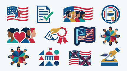 Fototapeta premium Collection of diverse icons representing American democracy, voting, civic engagement, and community.