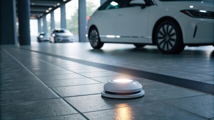 Fototapeta premium A small robot vacuum cleaner is operating autonomously on a tiled floor in a modern parking garage with cars visible in the background.