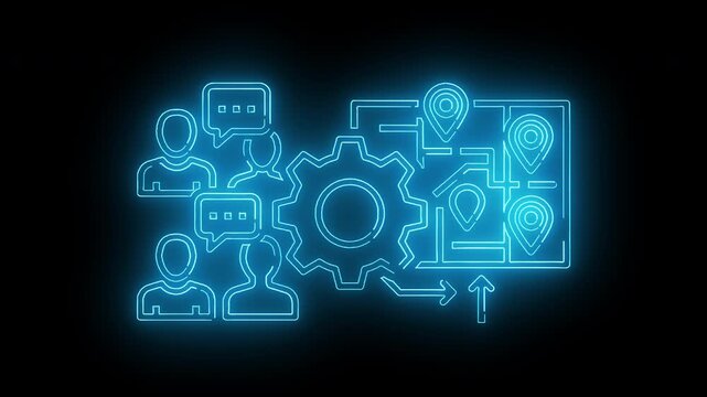 Neon blue line illustration of business communication and teamwork with gear and location icons on black background.