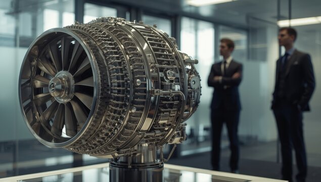 Detailed view of a modern jet engine model with two businessmen observing in a corporate setting