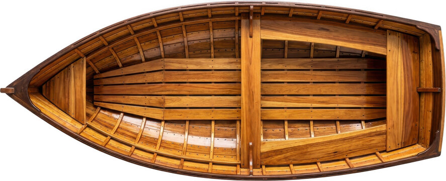Overhead view of an empty wooden rowboat interior showcasing detailed craftsmanship and rich wood grain textures wooden boat nautical watercraft maritime timber vessel vintage boat