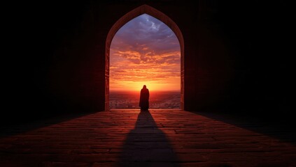 Fototapeta premium A lone figure stands silhouetted in an ancient archway, gazing at a breathtaking sunset over the ocean