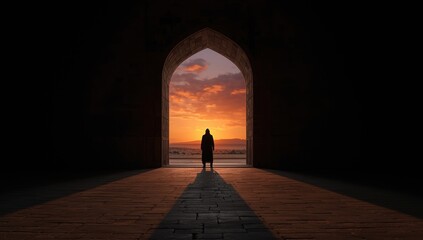 Fototapeta premium A lone figure stands silhouetted in a dark archway, gazing at a breathtaking sunset