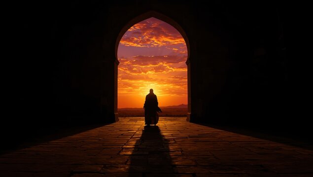Silhouette of a person standing in an ancient archway at sunset, looking towards a vibrant sky