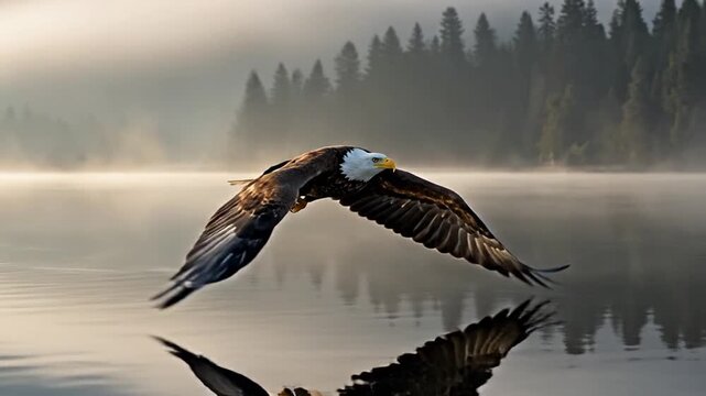 Majestic Bald Eagle Soaring Over Misty Lake at Sunrise, Symbol of Freedom