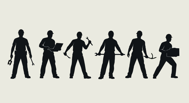 Silhouettes of construction workers with tools and equipment.
