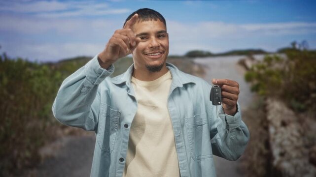 Man holding car keys with finger to temple salute on a street by dunes, smiling broadly; confidence success.