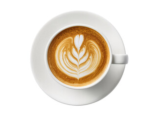 Isolated top view of a delicious cup of fresh latte coffee with beautiful heart shape foam art design