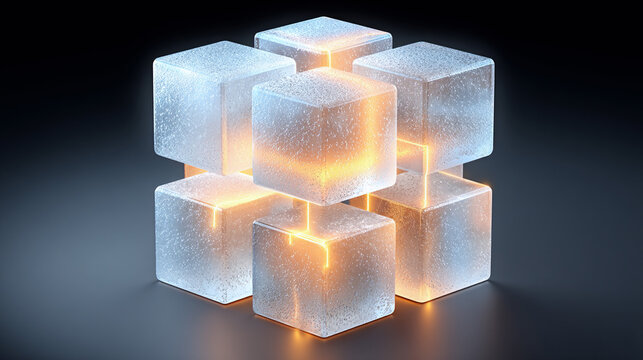 Abstract glowing cubes interconnected in a futuristic 3D digital network with cool blue and warm orange light.