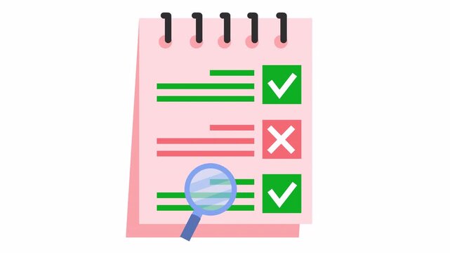 Audit checklist notebook icon with success and error indicators isolated on an alpha channel. Flat design notepad animation for document verification symbol. Data validation and confirmation sign.