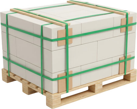 A large stack of pale beige construction bricks secured with green strapping and wooden planks on a wooden pallet building materials cargo delivery freight logistics supply