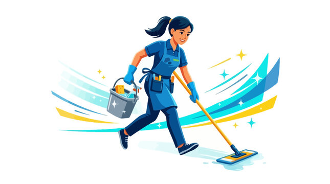 Woman cleaning with mop and bucket.