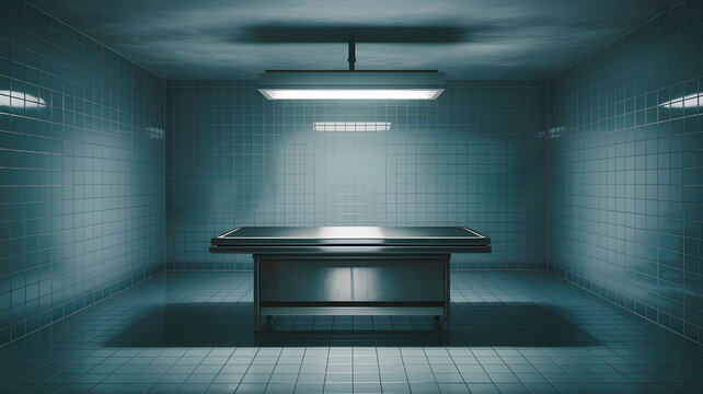 Empty medical examination room with a stainless steel autopsy table and overhead lighting, creating a chilling atmosphere for crime scene investigation and forensic science