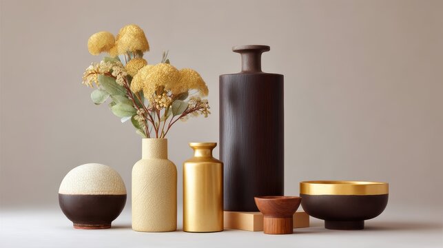 Minimalist dark brown and gold geometric decor with flowers and vases