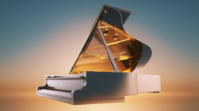 Acoustic Harmony: An elegant grand piano, its polished ebony frame and gilded interior reflecting the warm glow, ready to deliver a symphony of sound. 
