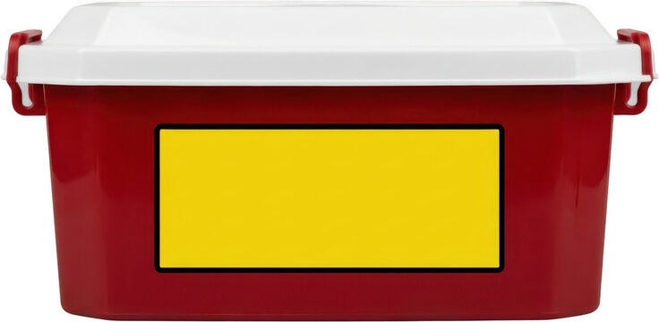 A bright red plastic sharps container with a white lid and a prominent yellow warning label features on a plain backdrop medical waste biohazard sharp object disposal safety