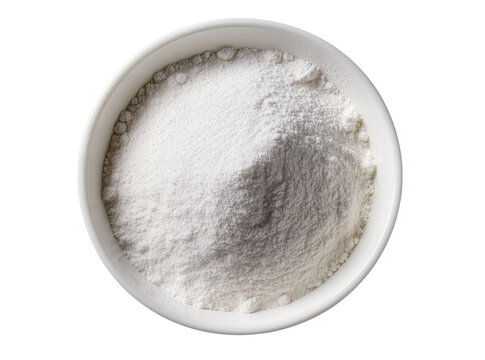 Isolated white bowl full of fine white powdery ingredient such as flour, starch, or baking powder