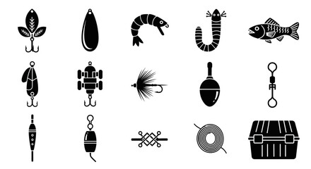 Fishing tackle icons set, 15 black silhouette fishing lure and gear elements, professional angling equipment vector collection for outdoor hobby design © Mecklenburglaan