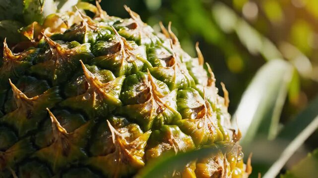 Close-up view of a developing pineapple on its plant showing detailed textured skin, spiny eyes and dew-kissed surface illuminated by warm golden sunlight in a tropical garden