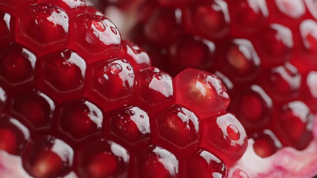 Extreme closeup macro of glistening pomegranate arils and seeds showcasing vibrant deep-red translucent jewels, glossy water droplets, and intricate clustered texture of fresh fruit