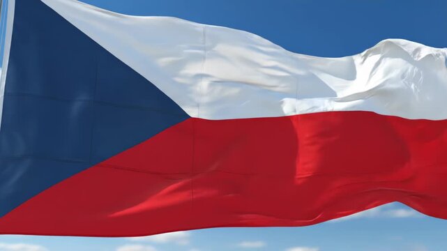 Waving Czech national flag close-up against a clear blue sky, tricolor banner with blue triangle and white and red bands in motion displaying fabric texture and patriotic symbolism