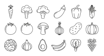 Minimalist vegetable icon set with 18 line art elements, organic food vector illustrations, healthy produce outline graphics for grocery and cooking © Mecklenburglaan