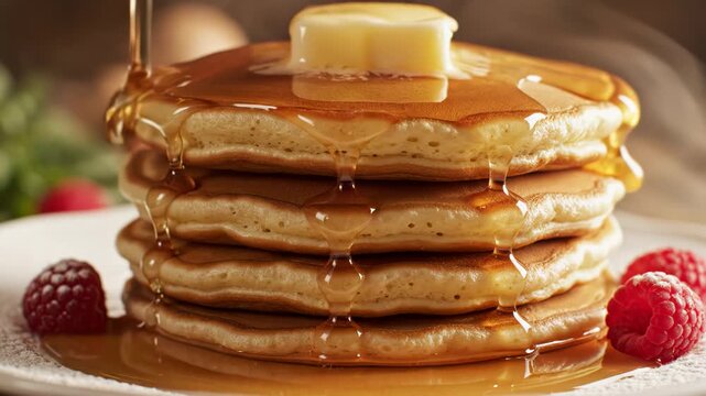 Close-up of a tall stack of golden pancakes topped with melting butter and warm maple syrup drizzling down the sides, garnished with fresh raspberries on a breakfast plate