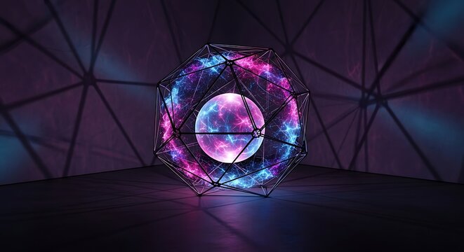 Abstract geometric orb with vibrant glowing energy core inside a dark futuristic structural cage design