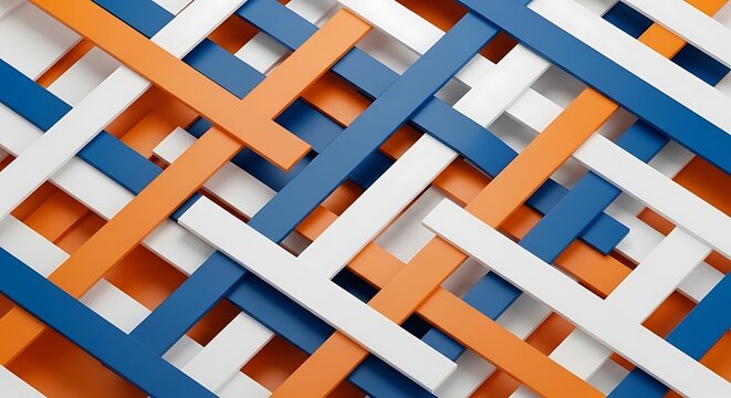 Abstract intersecting geometric lines in orange blue and white forming a complex pattern
