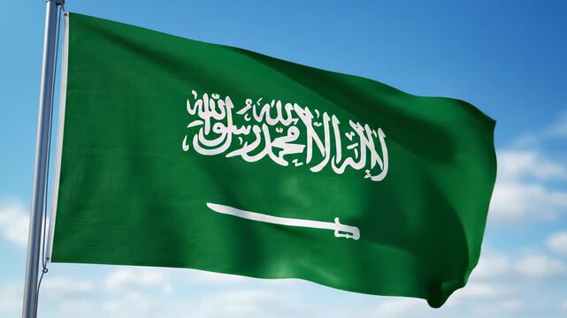 Green Saudi Arabian national flag with white Arabic shahada inscription and sword waving on a flagpole against a clear blue sky, close-up view of fabric texture and motion.
