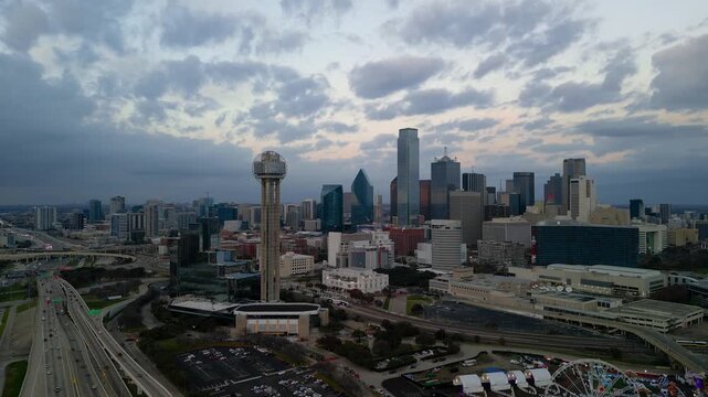 Aerial view of Dallas Texas skyline with Reunion Tower during twilight.