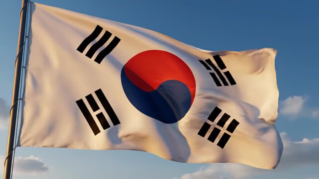Close-up of the South Korean national flag Taegukgi billowing on a flagpole against a clear blue sky with clouds, vivid red-blue taegeuk and black trigrams prominent