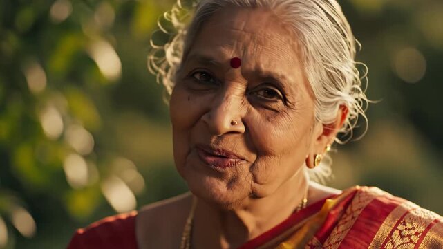 Warm close-up portrait of a smiling elderly woman wearing a colorful sari, bindi, and gold jewelry, shot outdoors in warm sunlight conveying dignity and serenity