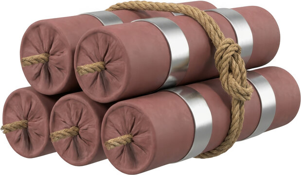 A bundle of six dynamite sticks bound together with a thick natural rope and secured with metal bands with fuses protruding from each end explosives bomb tnt demolition danger