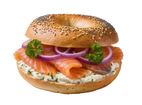 Isolated Everything Bagel with Smoked Salmon, Cream Cheese, Red Onion, and Fresh Chives