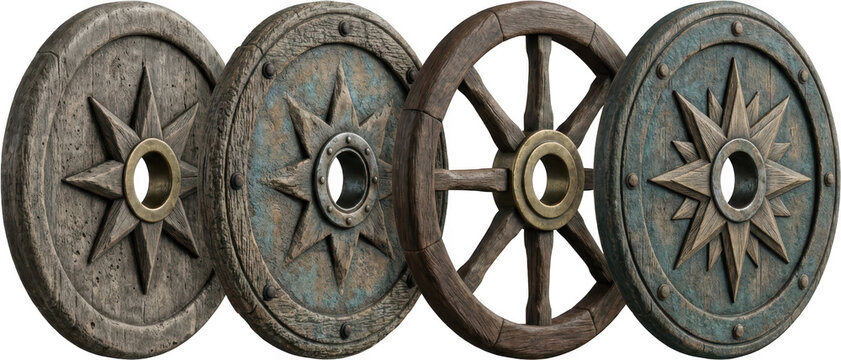 A row of antique wooden wagon wheels with star shaped centers and brass accents displays weathered textures and aged patina suggesting historical craftsmanship vintage cart