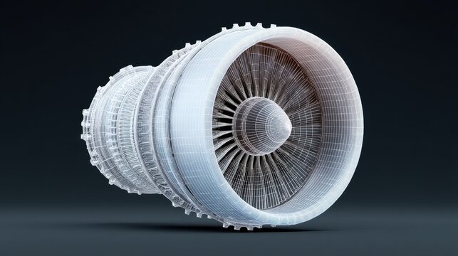 Wireframe rendering of a jet engine on a dark gray background