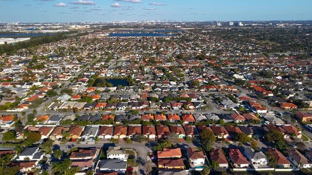 Aerial view of suburban neighborhood houses in Miami Florida