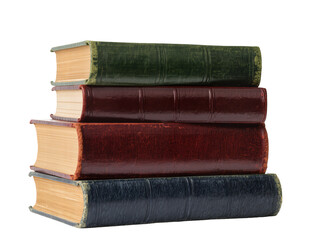 Isolated stack of four old vintage leather-bound books with colorful antique covers
