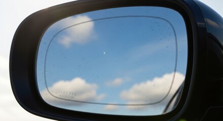 Fototapeta premium Blue sky with white clouds reflects in the side mirror of a vehicle.