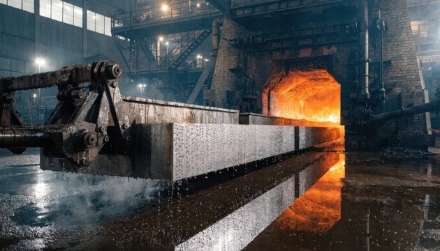 Reheating process captured with a pusher mechanism sliding cold slabs into the walkingbeam furnace emphasizing movement and mechanical workflow.