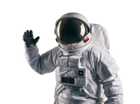 Isolated confident astronaut in modern white spacesuit with helmet and golden visor waving hello