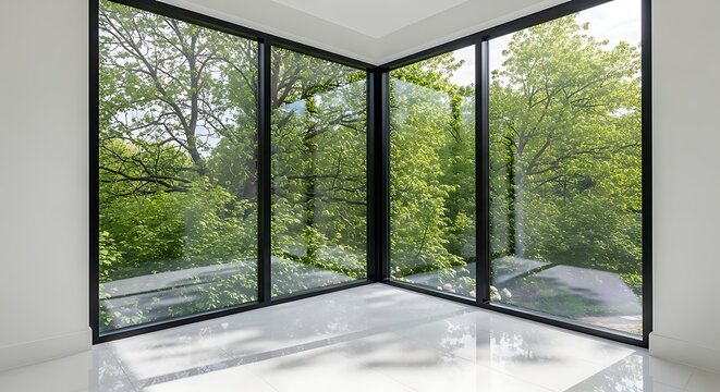 Contemporary living space featuring wide windows and a view of dense green forest foliage in sunlight